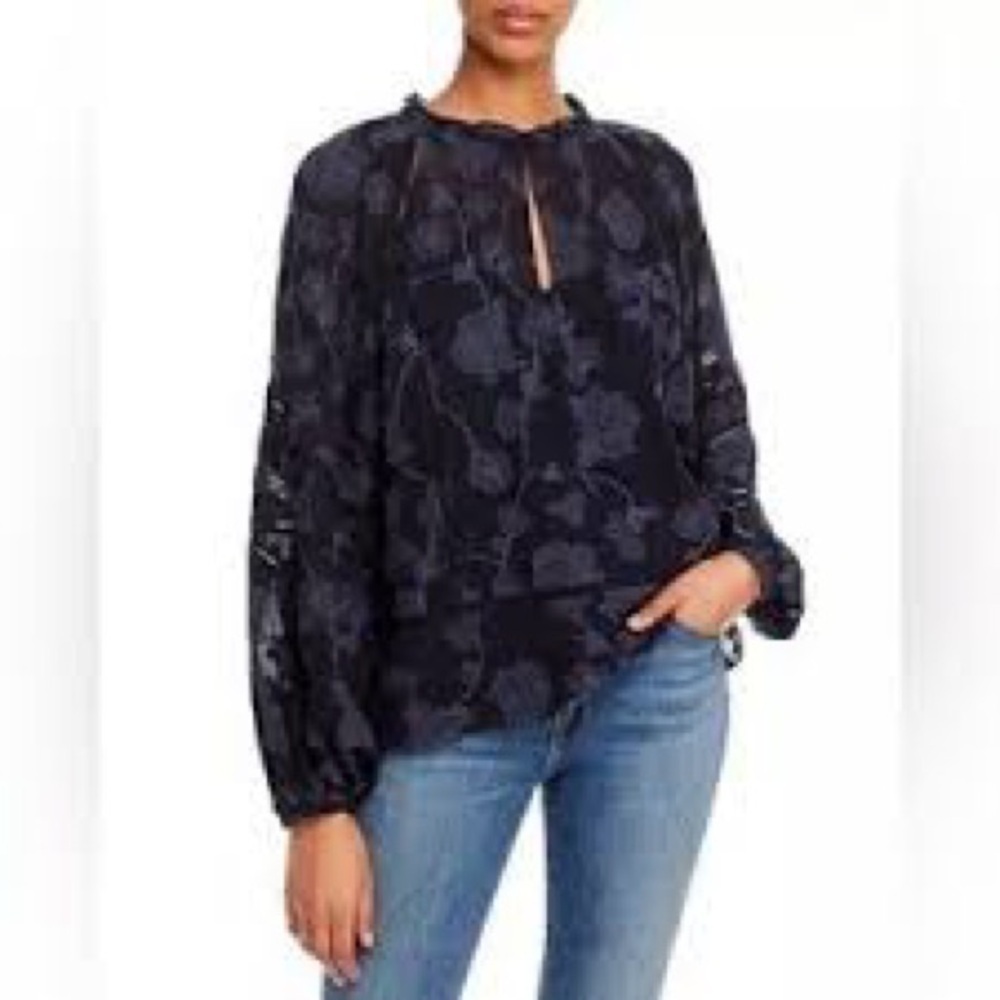 Joie Chaylse Top Dark Navy Blue Floral Sheer Popoever Sz XS - Picture 2 of 13